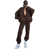 Women Autumn and Winter Solid Stand Collar Cardigan Long Sleeve Top and Casual Pants Two-piece Set