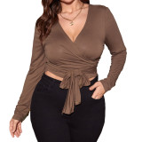 Plus Size Women V Neck Knotted Crossover Crop Top