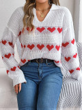 Women Fall/Winter Casual V-neck Balloon Sleeve Heart Print Sweater