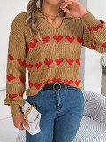 Women Fall/Winter Casual V-neck Balloon Sleeve Heart Print Sweater