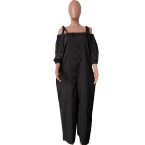Women Casual Off Shoulder Lantern Sleeve Suspender Loose Wide Leg Jumpsuit