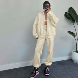 Women Autumn and Winter Solid Stand Collar Cardigan Long Sleeve Top and Casual Pants Two-piece Set