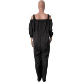 Women Casual Off Shoulder Lantern Sleeve Suspender Loose Wide Leg Jumpsuit