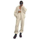 Women Autumn and Winter Solid Stand Collar Cardigan Long Sleeve Top and Casual Pants Two-piece Set