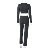 Women Casual Round Neck Long Sleeve Top and Pants Two-piece Set