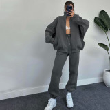 Women Autumn and Winter Solid Stand Collar Cardigan Long Sleeve Top and Casual Pants Two-piece Set