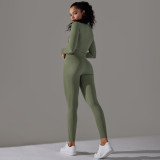 Seamless Knitting Solid Color Jacquard Low-Cut Tight Fitting Long-Sleeved Yoga Suit Sports Fitness Two-Piece Set