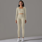 Seamless Knitting Solid Color Jacquard Low-Cut Tight Fitting Long-Sleeved Yoga Suit Sports Fitness Two-Piece Set