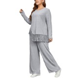 Irregular Fringed Long-Sleeved Top And Loose Wide-Leg Pants Suit