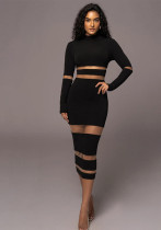 Autumn Women's Sexy Mesh Patchwork High Neck High Waist Slim Long Dress Autumn Women's Sexy Mesh Patchwork High Neck High Waist Slim Long Dress