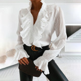Women's Summer Ruffled Bell Bottom Pleated Sleeve Long Sleeve Shirt