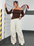 Plus Size Women's Autumn And Winter Brown Off Shoulder Long Sleeve T-Shirt Sexy Solid Color Top