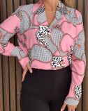 Autumn Loose Long-Sleeved V-Neck Pullover Printed Shirt For Women