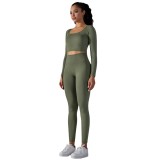 Seamless Knitting Solid Color Jacquard Low-Cut Tight Fitting Long-Sleeved Yoga Suit Sports Fitness Two-Piece Set