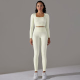 Seamless Knitting Solid Color Jacquard Low-Cut Tight Fitting Long-Sleeved Yoga Suit Sports Fitness Two-Piece Set