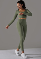 Seamless Knitting Solid Color Jacquard Low-Cut Tight Fitting Long-Sleeved Yoga Suit Sports Fitness Two-Piece Set Seamless Knitting Solid Color Jacquard Low-Cut Tight Fitting Long-Sleeved Yoga Suit Sports Fitness Two-Piece Set