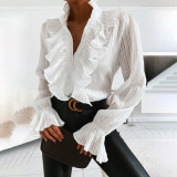 Women's Summer Ruffled Bell Bottom Pleated Sleeve Long Sleeve Shirt