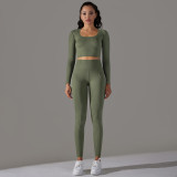 Seamless Knitting Solid Color Jacquard Low-Cut Tight Fitting Long-Sleeved Yoga Suit Sports Fitness Two-Piece Set