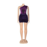 Women's Solid Color Glossy Bodysuit Sexy Short Skirt Two-Piece Set