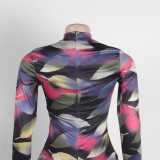 Sexy Printed Stretch Round Neck Long Sleeve Bodycon Tight Fitting Mermaid Long Dress