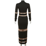 Autumn Women's Sexy Mesh Patchwork High Neck High Waist Slim Long Dress