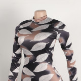 Sexy Printed Stretch Round Neck Long Sleeve Bodycon Tight Fitting Mermaid Long Dress