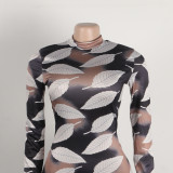 Sexy Printed Stretch Round Neck Long Sleeve Bodycon Tight Fitting Mermaid Long Dress