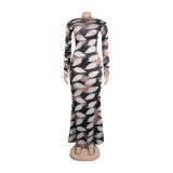 Sexy Printed Stretch Round Neck Long Sleeve Bodycon Tight Fitting Mermaid Long Dress