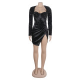 Sexy Square Collar Tight Fitting Stretch Sequin Slit Bodycon Dress