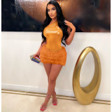Women's Solid Color Glossy Bodysuit Sexy Short Skirt Two-Piece Set