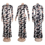 Sexy Printed Stretch Round Neck Long Sleeve Bodycon Tight Fitting Mermaid Long Dress