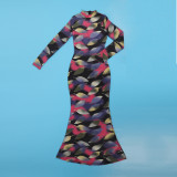 Sexy Printed Stretch Round Neck Long Sleeve Bodycon Tight Fitting Mermaid Long Dress