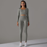 Seamless Knitting Solid Color Jacquard Low-Cut Tight Fitting Long-Sleeved Yoga Suit Sports Fitness Two-Piece Set