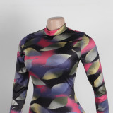 Sexy Printed Stretch Round Neck Long Sleeve Bodycon Tight Fitting Mermaid Long Dress