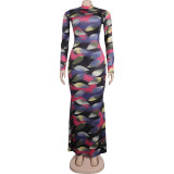 Sexy Printed Stretch Round Neck Long Sleeve Bodycon Tight Fitting Mermaid Long Dress