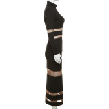 Autumn Women's Sexy Mesh Patchwork High Neck High Waist Slim Long Dress