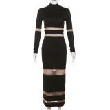 Autumn Women's Sexy Mesh Patchwork High Neck High Waist Slim Long Dress