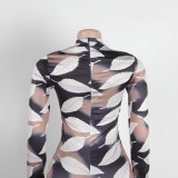 Sexy Printed Stretch Round Neck Long Sleeve Bodycon Tight Fitting Mermaid Long Dress