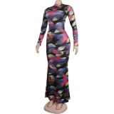 Sexy Printed Stretch Round Neck Long Sleeve Bodycon Tight Fitting Mermaid Long Dress