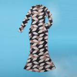 Sexy Printed Stretch Round Neck Long Sleeve Bodycon Tight Fitting Mermaid Long Dress