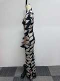 Sexy Printed Stretch Round Neck Long Sleeve Bodycon Tight Fitting Mermaid Long Dress