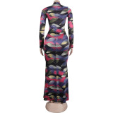 Sexy Printed Stretch Round Neck Long Sleeve Bodycon Tight Fitting Mermaid Long Dress