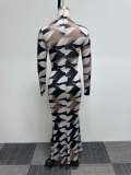 Sexy Printed Stretch Round Neck Long Sleeve Bodycon Tight Fitting Mermaid Long Dress