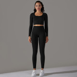 Seamless Knitting Solid Color Jacquard Low-Cut Tight Fitting Long-Sleeved Yoga Suit Sports Fitness Two-Piece Set