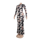 Sexy Printed Stretch Round Neck Long Sleeve Bodycon Tight Fitting Mermaid Long Dress