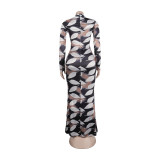 Sexy Printed Stretch Round Neck Long Sleeve Bodycon Tight Fitting Mermaid Long Dress