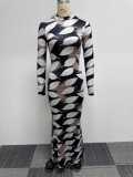 Sexy Printed Stretch Round Neck Long Sleeve Bodycon Tight Fitting Mermaid Long Dress