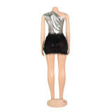 Women's Solid Color Glossy Bodysuit Sexy Short Skirt Two-Piece Set