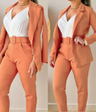 Women Printed Casual Blazer and Pant Two-Piece Set with Belt