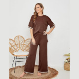 Women summer knitting short-sleeved Topand wide-leg pants two-piece set
